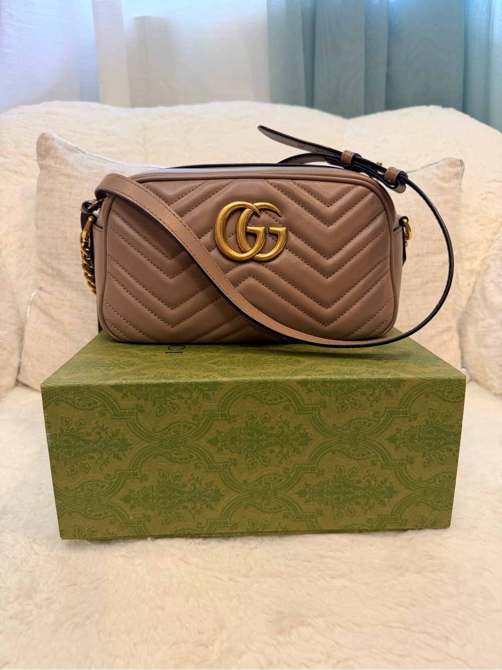 Gucci Leather Marmont Chevron Shoulder Bag - Taupe Leather with Gold Hardware